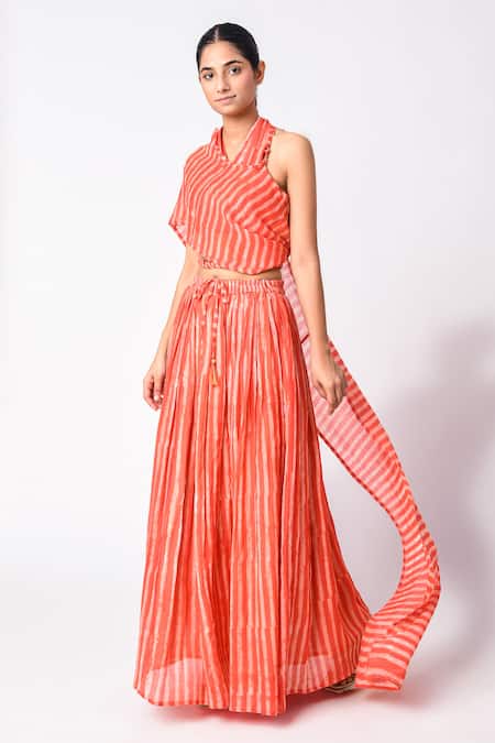 Shop_JAYATI GOENKA_Orange Chanderi Silk Tassels Halter Neck Printed Wrap Top Skirt Set _Online_at_Aza_Fashions