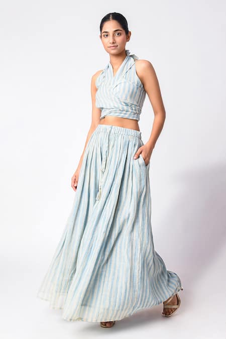 JAYATI GOENKA_Blue Chanderi Silk Halter Neck Printed Skirt Set _Online_at_Aza_Fashions