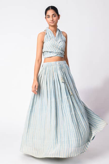 Buy_JAYATI GOENKA_Blue Chanderi Silk Halter Neck Printed Skirt Set _Online_at_Aza_Fashions