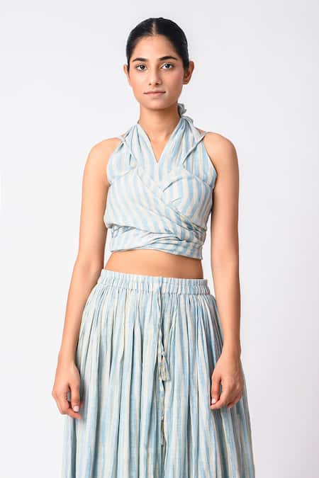 JAYATI GOENKA_Blue Chanderi Silk Halter Neck Printed Skirt Set _at_Aza_Fashions