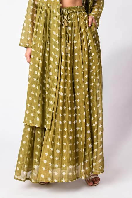 Buy_JAYATI GOENKA_Green Chanderi Silk Round Neck, Printed Kurta Set 