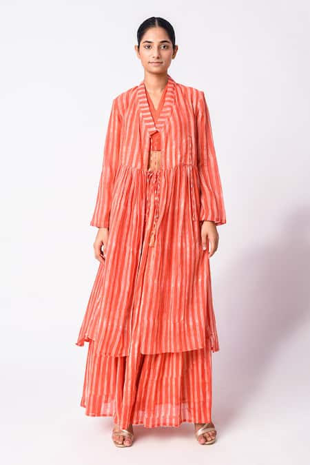 Buy_JAYATI GOENKA_Orange Chanderi Silk Mandarin Collar, V-neck Printed Kurta Palazzo Set _Online_at_Aza_Fashions