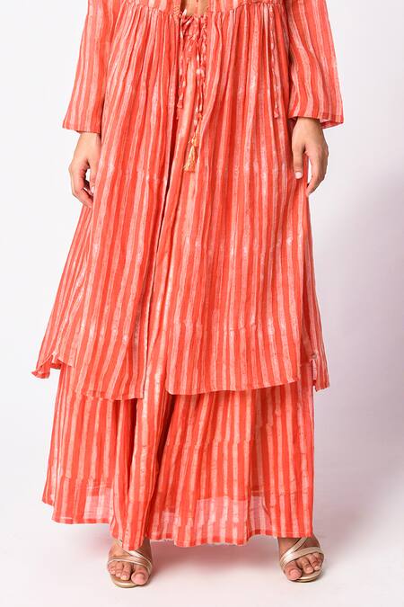 Shop_JAYATI GOENKA_Orange Chanderi Silk Mandarin Collar, V-neck Printed Kurta Palazzo Set _Online_at_Aza_Fashions