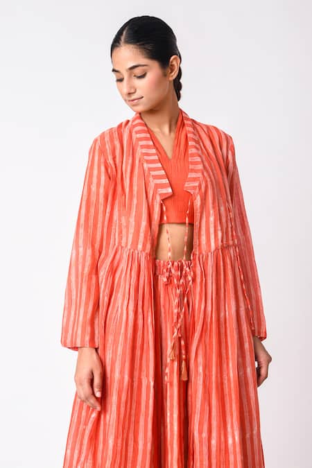 JAYATI GOENKA_Orange Chanderi Silk Mandarin Collar, V-neck Printed Kurta Palazzo Set _at_Aza_Fashions