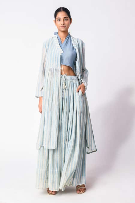 Buy_JAYATI GOENKA_Blue Chanderi Silk Collared, Halter Neck Printed Kurta Palazzo Set _Online_at_Aza_Fashions