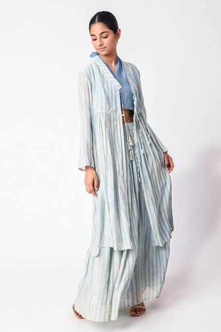 Shop_JAYATI GOENKA_Blue Chanderi Silk Collared, Halter Neck Printed Kurta Palazzo Set _Online_at_Aza_Fashions