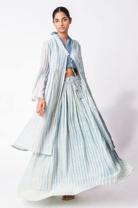 JAYATI GOENKA_Blue Chanderi Silk Collared, Halter Neck Printed Kurta Palazzo Set _at_Aza_Fashions