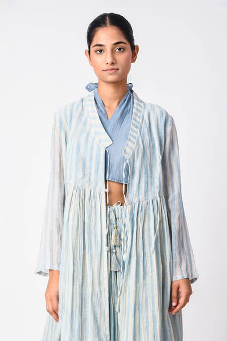 Buy_JAYATI GOENKA_Blue Chanderi Silk Collared, Halter Neck Printed Kurta Palazzo Set 