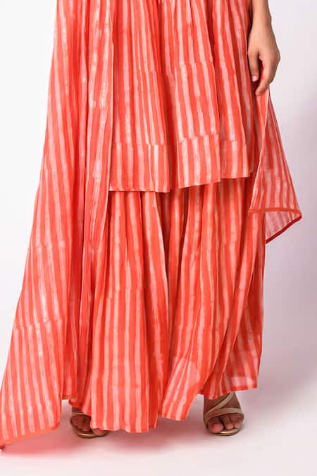 Buy_JAYATI GOENKA_Orange Chanderi Silk Round Neck Stripe Print Kurta Skirt Set _Online_at_Aza_Fashions