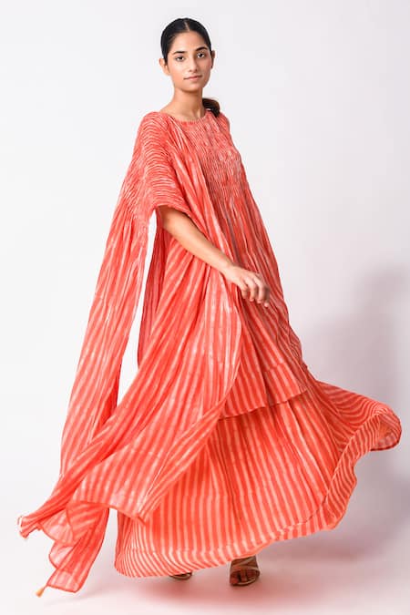 Shop_JAYATI GOENKA_Orange Chanderi Silk Round Neck Stripe Print Kurta Skirt Set _Online_at_Aza_Fashions