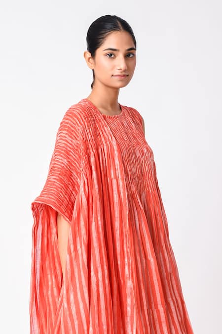 JAYATI GOENKA_Orange Chanderi Silk Round Neck Stripe Print Kurta Skirt Set _at_Aza_Fashions