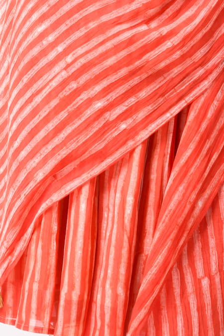 Buy_JAYATI GOENKA_Orange Chanderi Silk Round Neck Stripe Print Kurta Skirt Set 