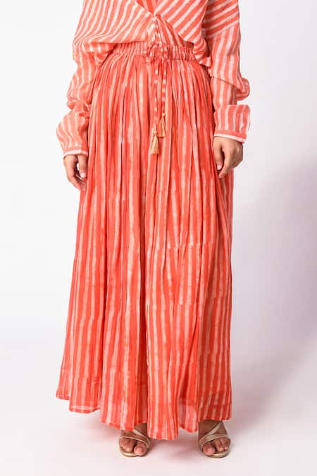 JAYATI GOENKA_Red Chanderi Silk Cowl Neck Linear Print Kurta Skirt Set _at_Aza_Fashions