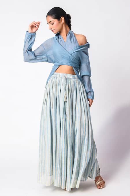 JAYATI GOENKA_Blue Chanderi Silk Halter Neck Shirt Skirt Set _Online_at_Aza_Fashions