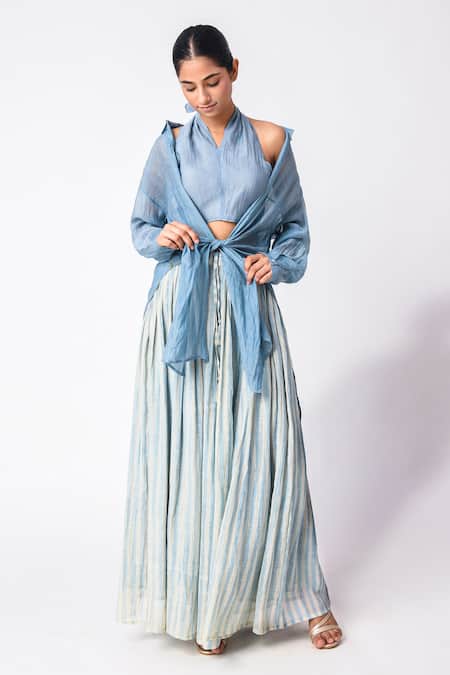 Buy_JAYATI GOENKA_Blue Chanderi Silk Halter Neck Shirt Skirt Set _Online_at_Aza_Fashions