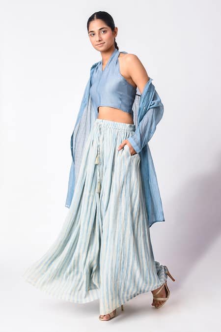 Shop_JAYATI GOENKA_Blue Chanderi Silk Halter Neck Shirt Skirt Set _Online_at_Aza_Fashions