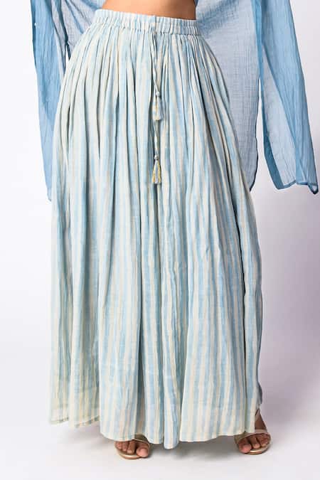 JAYATI GOENKA_Blue Chanderi Silk Halter Neck Shirt Skirt Set _at_Aza_Fashions