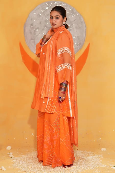 Jyoti Bansal_Orange Chanderi, Cotton, Organza Embroidery, Gathered Kurta Sharara Set _Online_at_Aza_Fashions