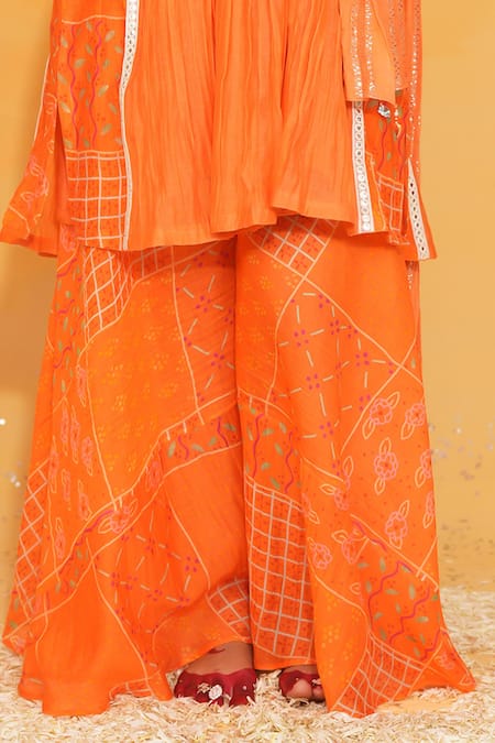 Shop_Jyoti Bansal_Orange Chanderi, Cotton, Organza Embroidery, Gathered Kurta Sharara Set _Online_at_Aza_Fashions