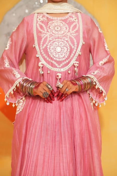 Jyoti Bansal_Pink Chanderi, Cotton Embroidery, Lace, Mirrors, Tassels Round Neck Kurta Set _Online_at_Aza_Fashions