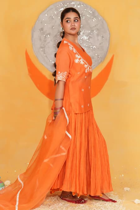Jyoti Bansal_Orange Organza, Chanderi, Cotton Tassels, Embroidery, Mirrors Kurta Skirt Set _Online_at_Aza_Fashions