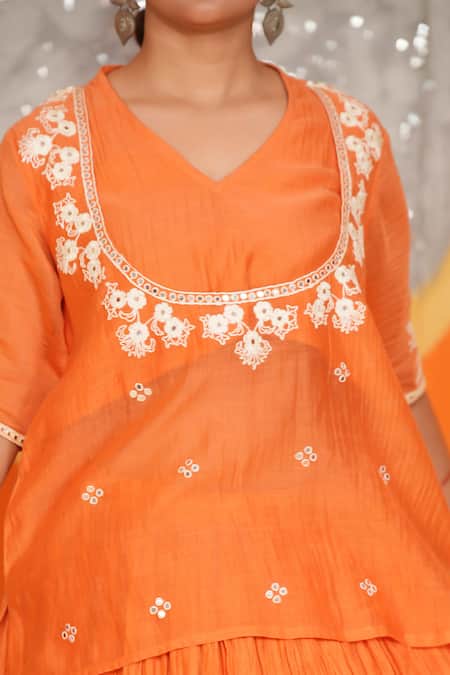 Buy_Jyoti Bansal_Orange Organza, Chanderi, Cotton Tassels, Embroidery, Mirrors Kurta Skirt Set _Online_at_Aza_Fashions