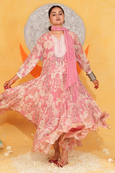 Buy_Jyoti Bansal_Floral Print Anarkali With Stole _Online_at_Aza_Fashions