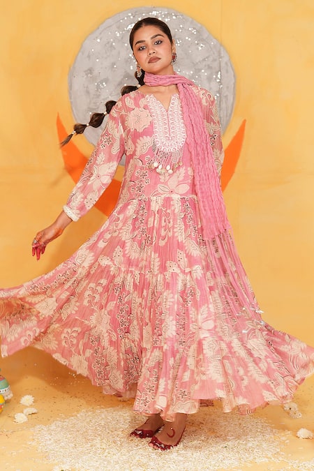 Jyoti Bansal Floral Print Anarkali With Stole