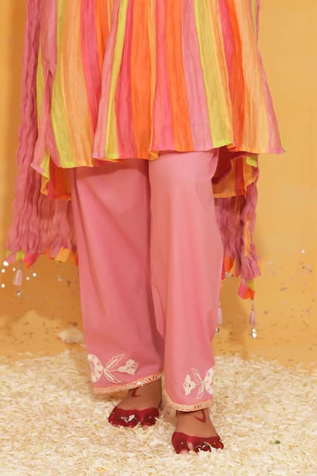 Jyoti Bansal_Pink Chanderi, Cotton Tassels, Embroidery, Mirrors V-neck Yoke Kurta Set _Online_at_Aza_Fashions