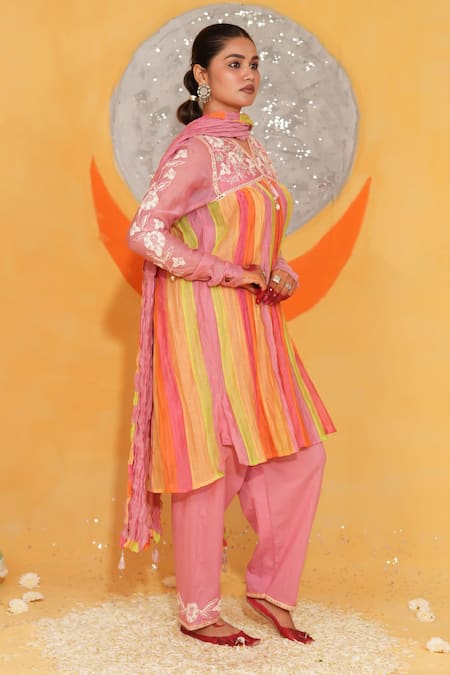 Shop_Jyoti Bansal_Pink Chanderi, Cotton Tassels, Embroidery, Mirrors V-neck Yoke Kurta Set _Online_at_Aza_Fashions