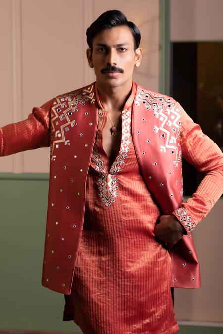 Kaaj Button_Lightening Applique Bundi Kurta Set _at_Aza_Fashions