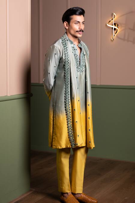 Shop_Kaaj Button_Balloon Mirror Ombre Kurta Set _Online_at_Aza_Fashions