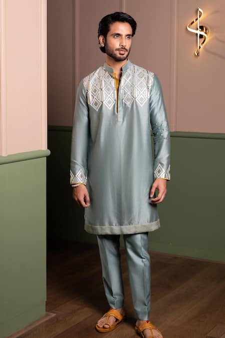 Buy_Kaaj Button_Leather Armour Applique Kurta Set _Online_at_Aza_Fashions