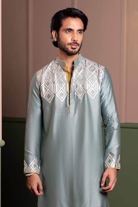 Shop_Kaaj Button_Leather Armour Applique Kurta Set _Online_at_Aza_Fashions