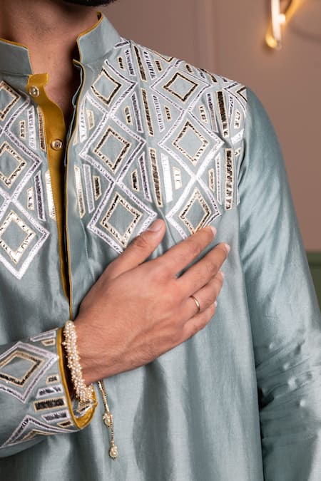 Kaaj Button_Leather Armour Applique Kurta Set _at_Aza_Fashions