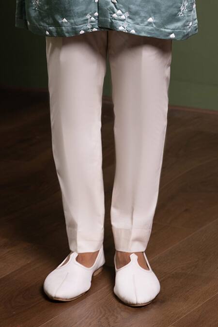 Kaaj Button_Blue Satin, Cotton, Linen Embroidery Warli Kurta Set _Online_at_Aza_Fashions