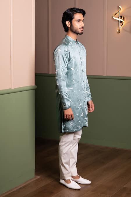 Buy_Kaaj Button_Blue Satin, Cotton, Linen Embroidery Warli Kurta Set _Online_at_Aza_Fashions