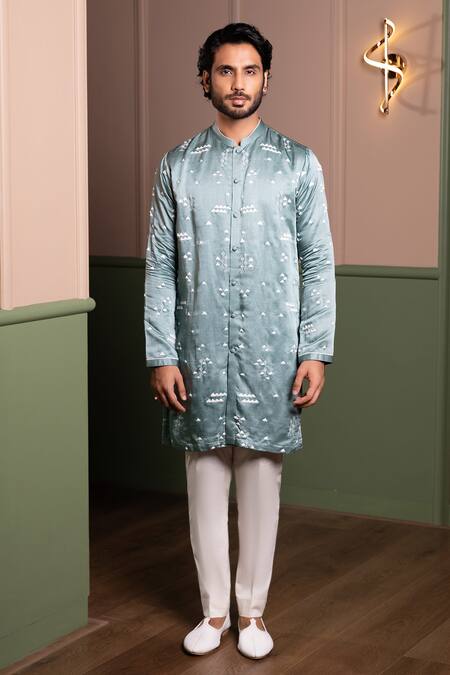 Shop_Kaaj Button_Blue Satin, Cotton, Linen Embroidery Warli Kurta Set _Online_at_Aza_Fashions