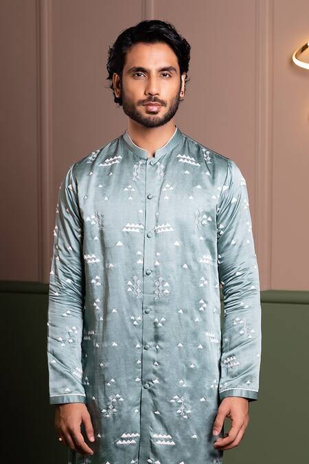 Kaaj Button_Blue Satin, Cotton, Linen Embroidery Warli Kurta Set _at_Aza_Fashions