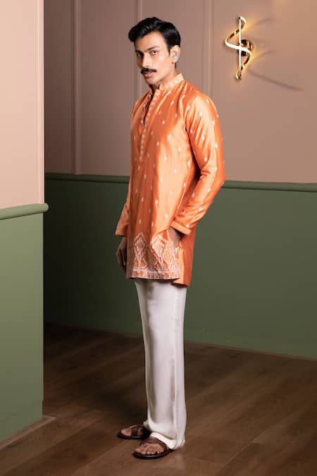 Buy_Kaaj Button_Orange Chanderi Silk, Cotton, Twill Zari Tetris Embroidered Kurta Set _Online_at_Aza_Fashions