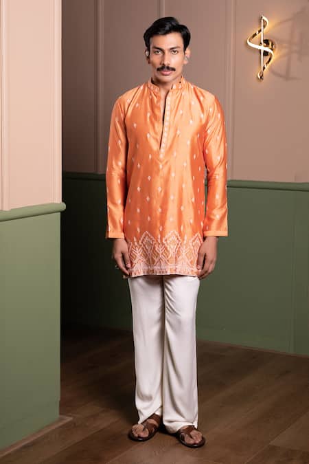 Shop_Kaaj Button_Orange Chanderi Silk, Cotton, Twill Zari Tetris Embroidered Kurta Set _Online_at_Aza_Fashions