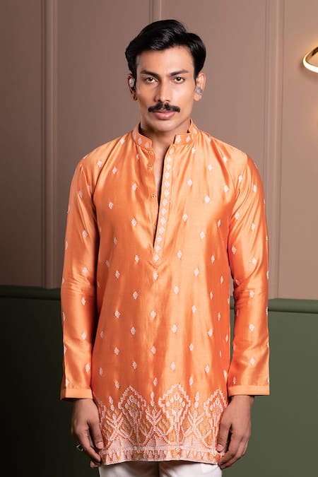 Kaaj Button_Orange Chanderi Silk, Cotton, Twill Zari Tetris Embroidered Kurta Set _at_Aza_Fashions