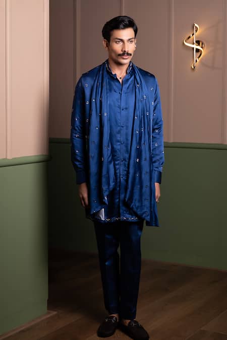 Kaaj Button_Embroidered Draped Bundi & Kurta Set _Online_at_Aza_Fashions