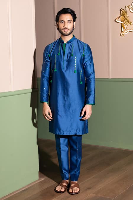 Buy_Kaaj Button_Tassel Drop Kurta Set _Online_at_Aza_Fashions