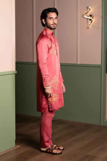 Kaaj Button_Peach Satin, Linen Embroidery, Sequins Block Kurta Set _Online_at_Aza_Fashions
