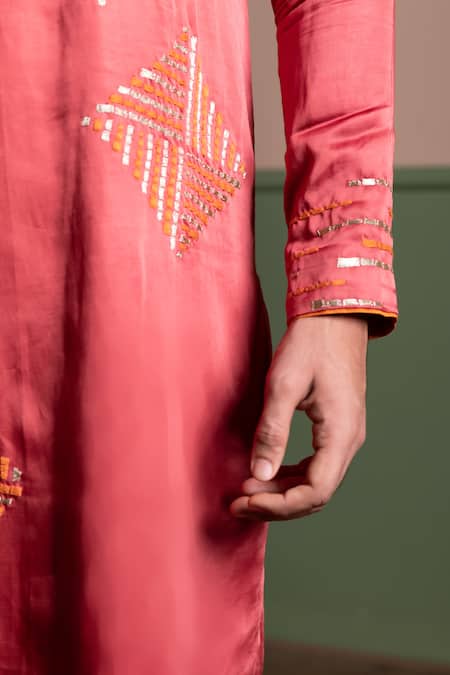 Shop_Kaaj Button_Peach Satin, Linen Embroidery, Sequins Block Kurta Set _Online_at_Aza_Fashions