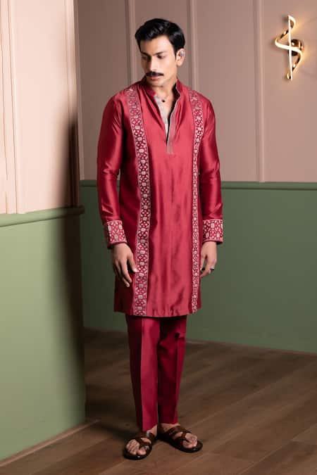 Kaaj Button_Applique Panel Kurta Set _Online_at_Aza_Fashions