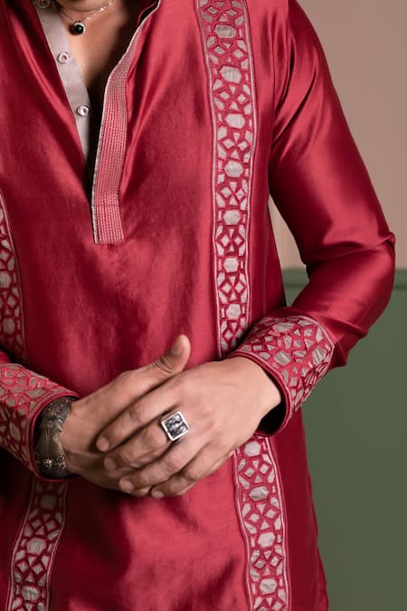 Kaaj Button_Applique Panel Kurta Set _at_Aza_Fashions