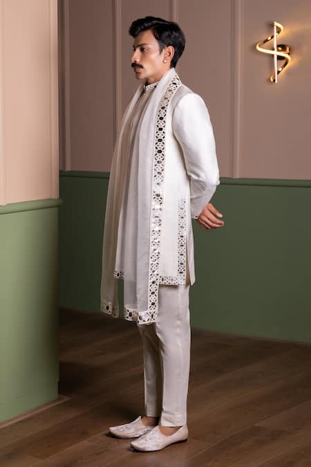 Shop_Kaaj Button_White Silk, Cotton Satin, Organza Applique, Embroidery, Leather Sherwani Set _Online_at_Aza_Fashions