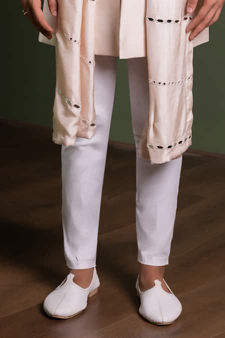 Kaaj Button_Beige Silk, Cotton Satin Mirrors Work Sherwani Set _Online_at_Aza_Fashions